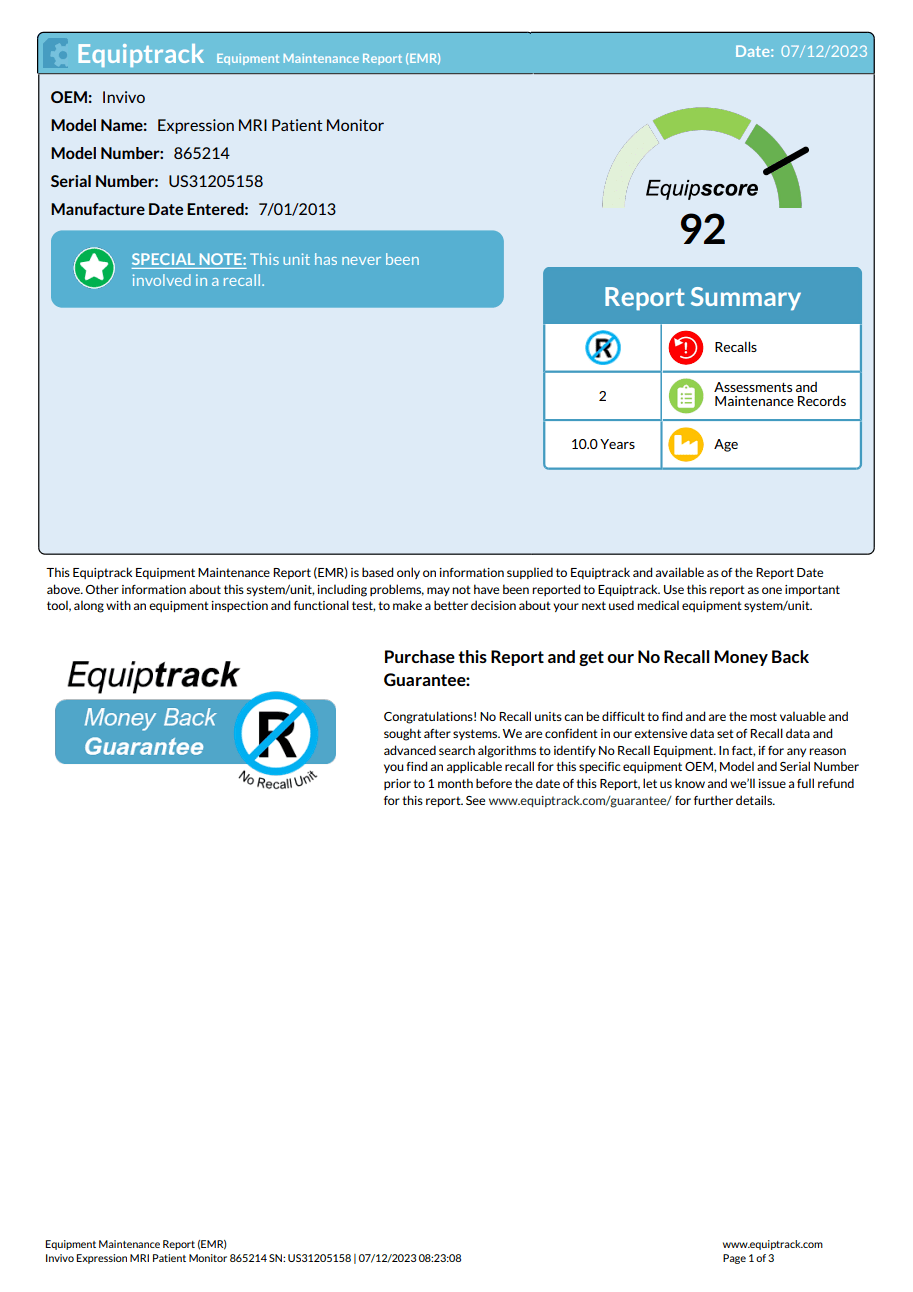 Sample Equiptrack Report